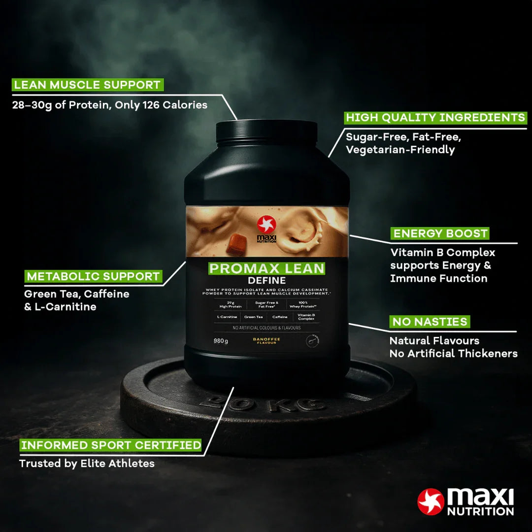 Maxi Nutrition Promax Lean supplement container with features listed on a dark background